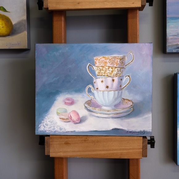 Original oil painting on canvas,4 pastel cups and macaroons 11" x 14 - Picture 5 of 5